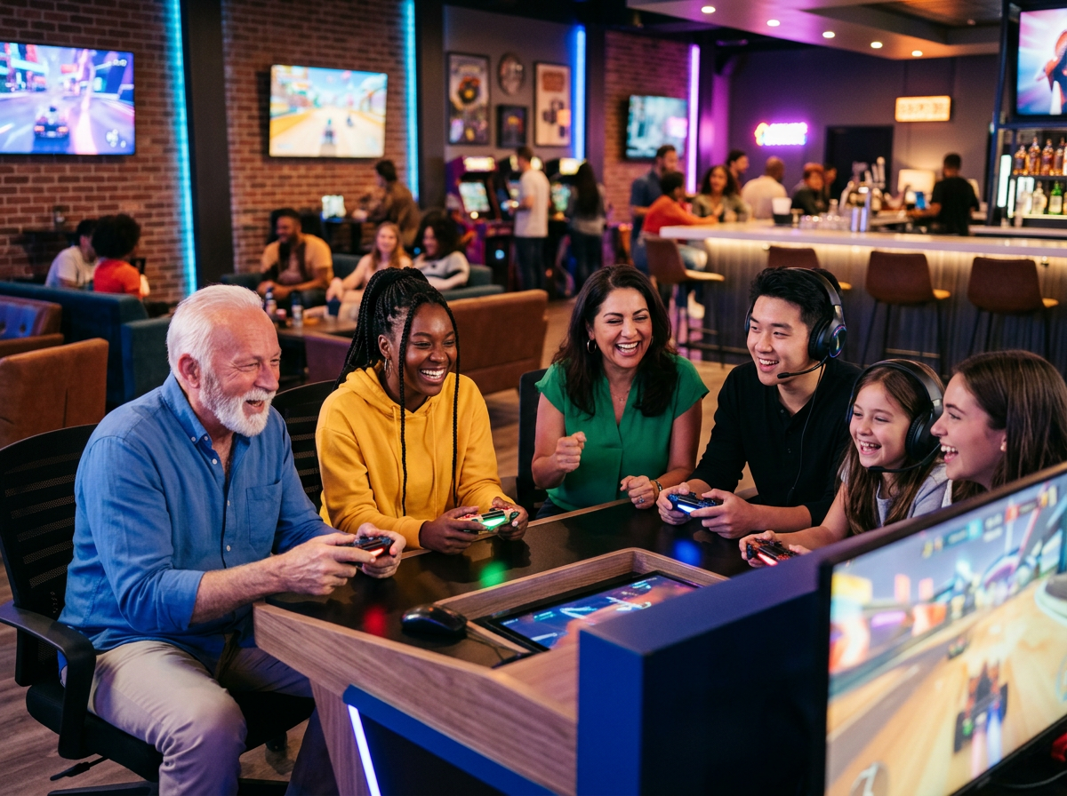 Diverse group connecting in a gaming arena lounge