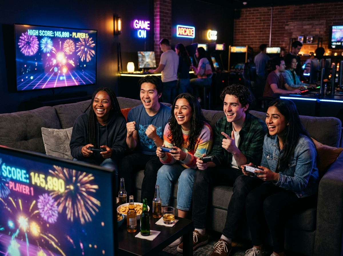 Group of friends gaming together on couch holding controllers