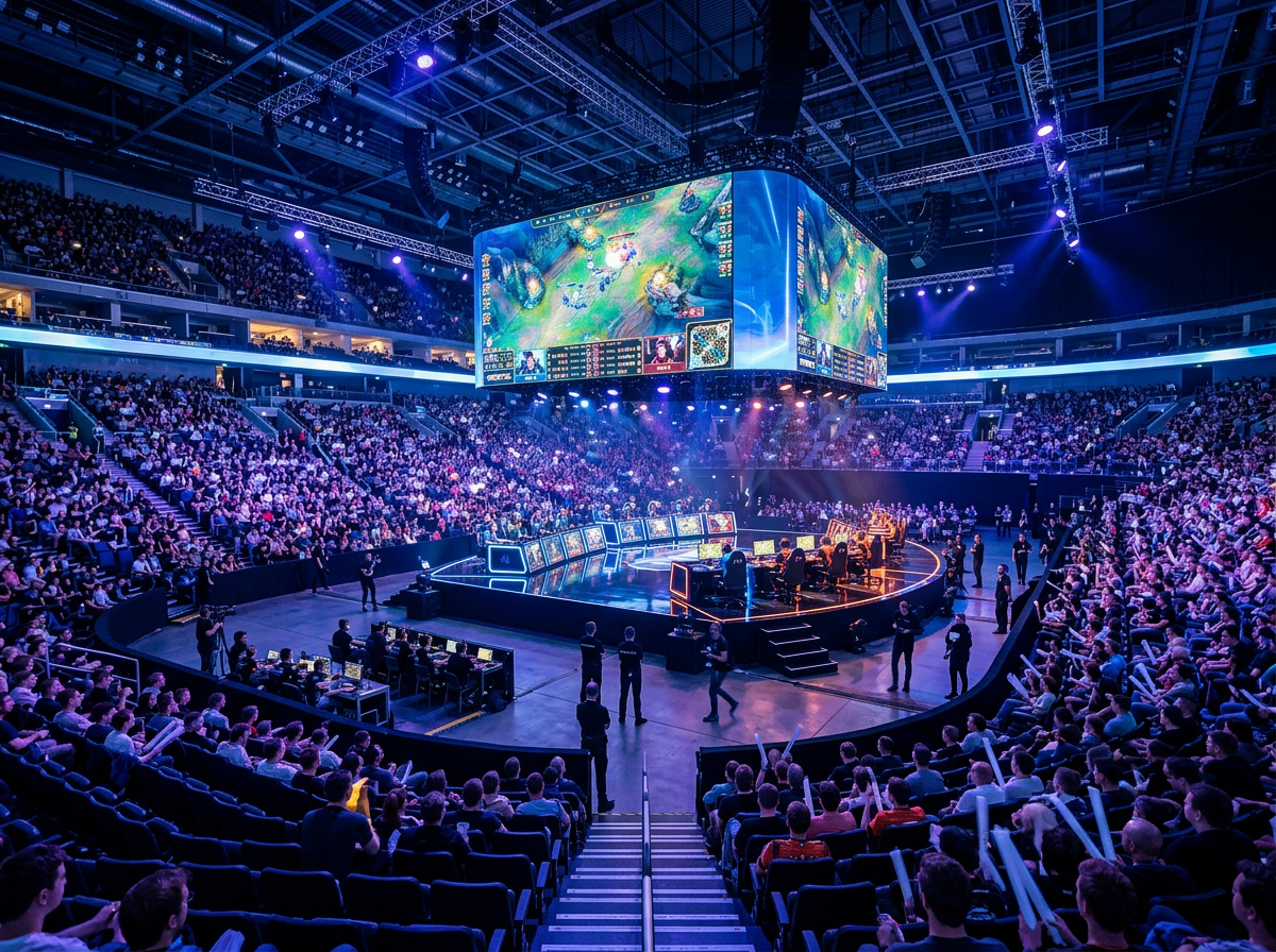 Group gaming tournament with participants and LED screens in a modern arena