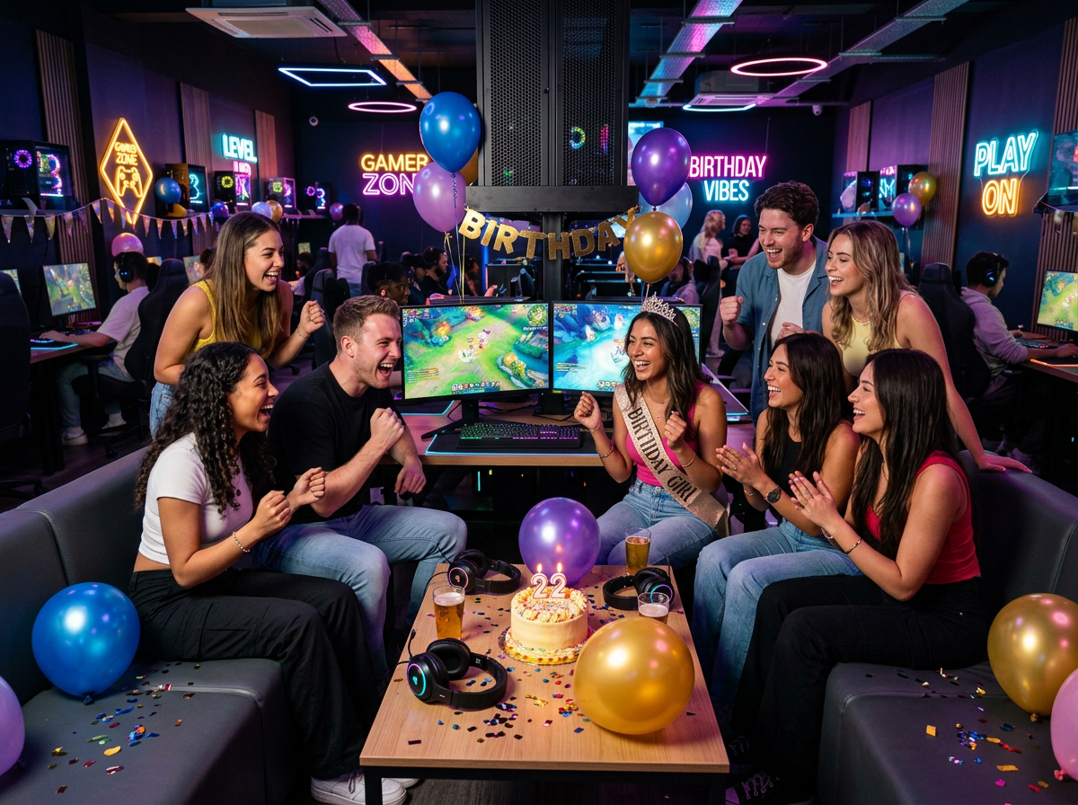 Group celebrating a birthday party at a gaming venue with neon lighting