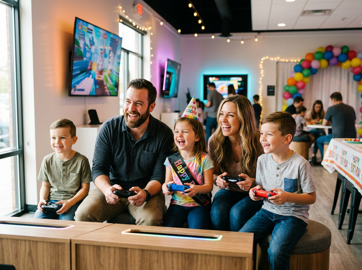 Parents and kids enjoying a birthday party together in a gaming venue